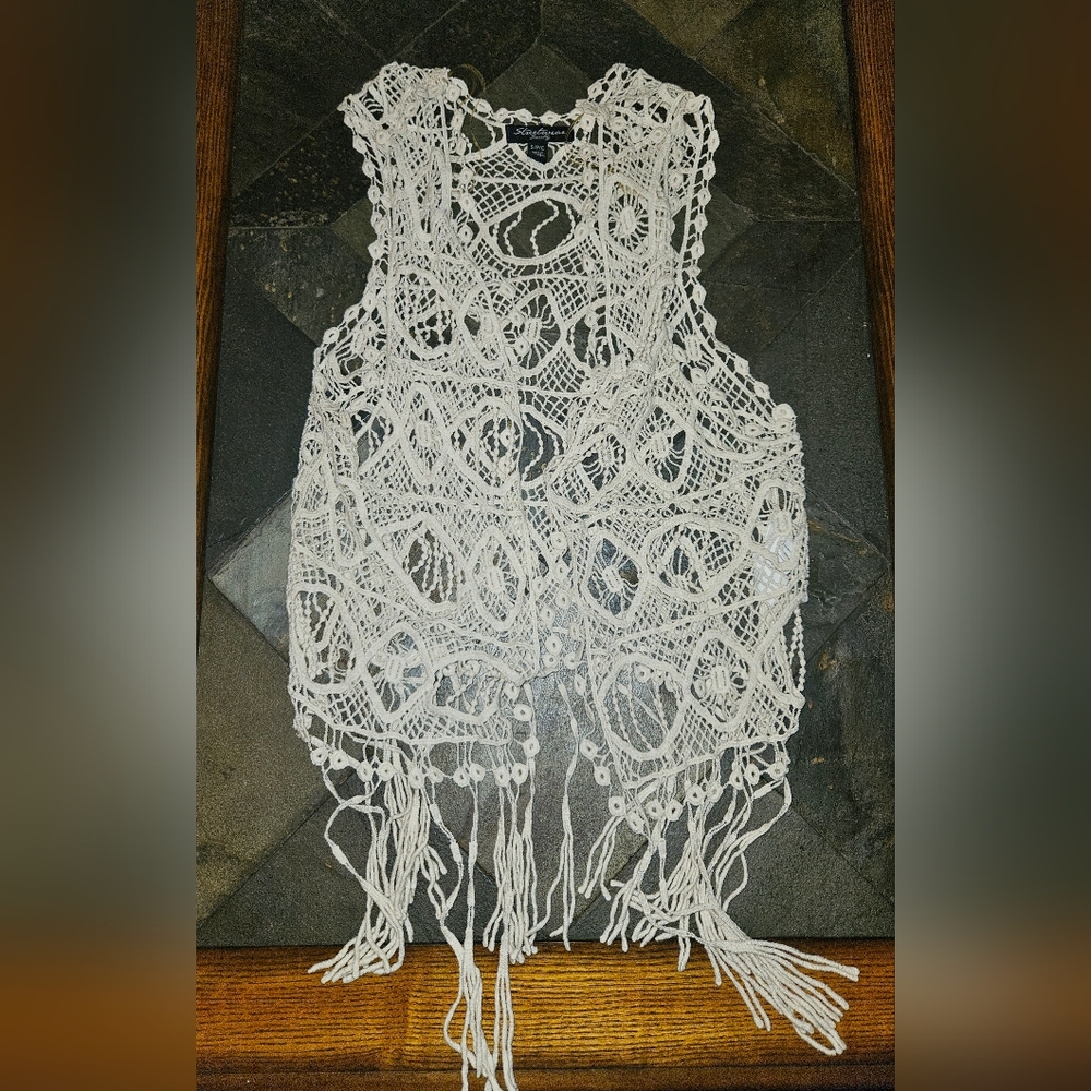 Streetwear Society Crochet Fringe Vest | White | Size Small